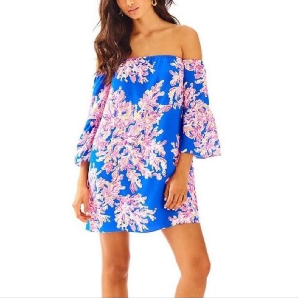 Lilly Pulitzer Blue Sanilla Off The Shoulder Silk Dress